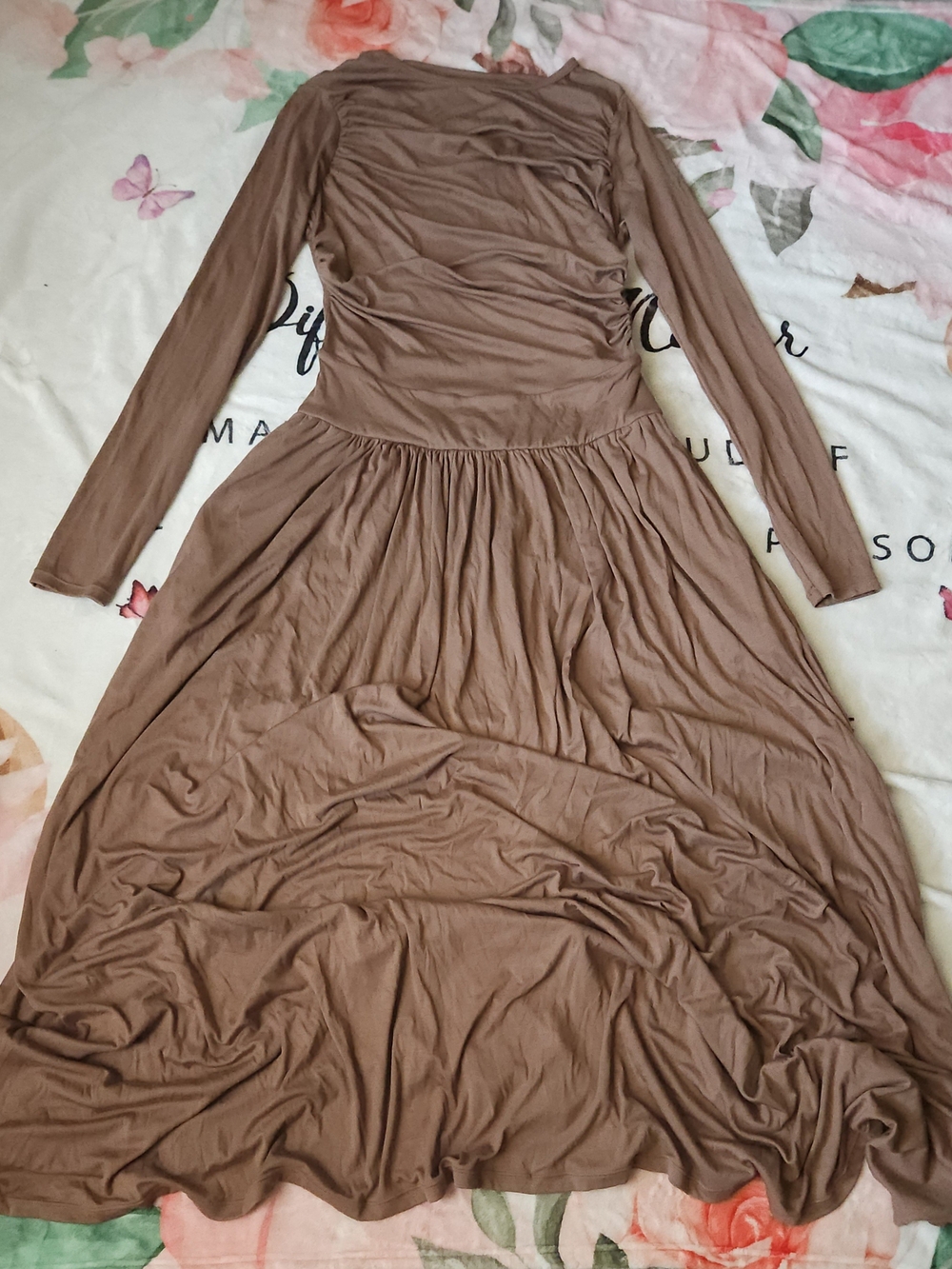 NWT Halara Brown Scoop Neck Ruched Long Sleeve Maxi Dress with Pockets M